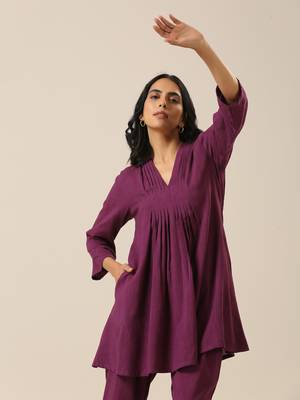 Plum Purple Slub Texture Pleated Co-Ord Set 4