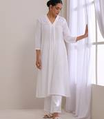White Dobby Neck Pleat Kurta Pant Set