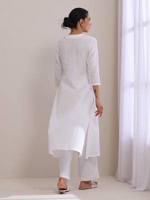 White Dobby Neck Pleat Kurta Pant Set 5