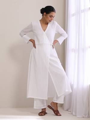 White Dobby Angrakha Kurta Pant Set 1