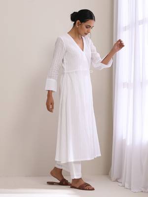 White Dobby Angrakha Kurta Pant Set 2