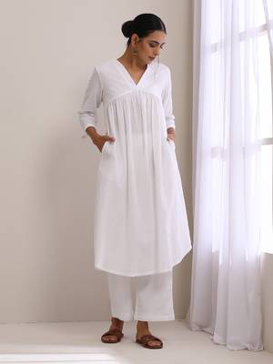 White Dobby Flared Slit Kurta Pant Set 1