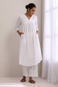 White Dobby Flared Slit Kurta Pant Set