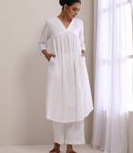 White Dobby Flared Slit Kurta Pant Set