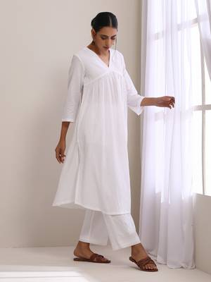 White Dobby Flared Slit Kurta Pant Set 3