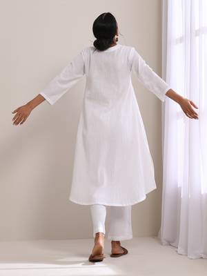 White Dobby Flared Slit Kurta Pant Set 5