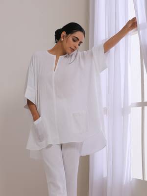 White Dobby Boxy Fit High Low Co-Ord Set 3