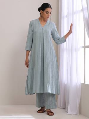 Eggshell Blue Dobby Neck Pleat Kurta Pant Set 1