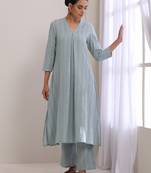 Eggshell Blue Dobby Neck Pleat Kurta Pant Set
