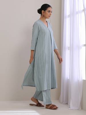 Eggshell Blue Dobby Neck Pleat Kurta Pant Set 2