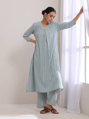 Eggshell Blue Dobby Neck Pleat Kurta Pant Set 3
