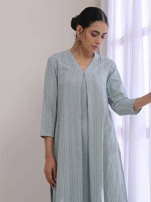 Eggshell Blue Dobby Neck Pleat Kurta Pant Set 4
