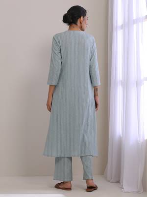 Eggshell Blue Dobby Neck Pleat Kurta Pant Set 5