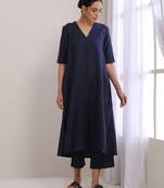 Blue Slub Hight Slit Kurta Pant Set