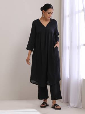Black Dobby Flared Slit Kurta Pant Set 1