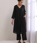 Black Dobby Flared Slit Kurta Pant Set