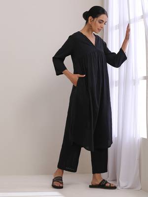 Black Dobby Flared Slit Kurta Pant Set 3
