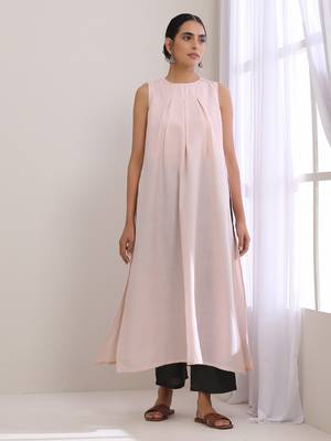 Pink Slub Sleeveless Kurta Pant Set 1
