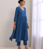 Classic Blue Dobby High Slit Gathered Kurta Set