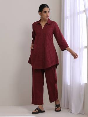 Ruby Wine Dobby Collar Short Co-Ord Set 1