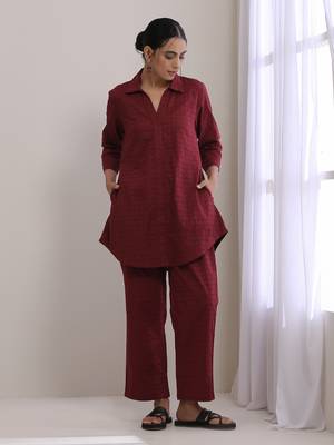 Ruby Wine Dobby Collar Short Co-Ord Set 2
