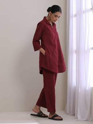 Ruby Wine Dobby Collar Short Co-Ord Set 3