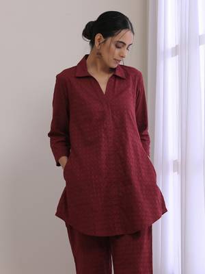 Ruby Wine Dobby Collar Short Co-Ord Set 4
