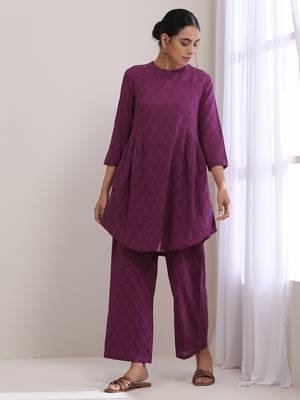 Plum Purple Dobby Gathers Co-Ord Set 1