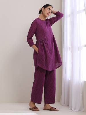 Plum Purple Dobby Gathers Co-Ord Set 3