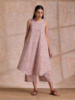 Grey Overall Floral Block Print Cotton High-Low Co-Ord Set 1