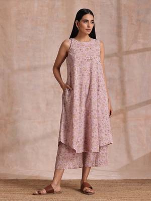 Grey Overall Floral Block Print Cotton High-Low Co-Ord Set 2