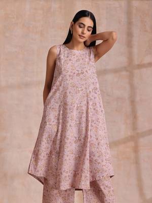Grey Overall Floral Block Print Cotton High-Low Co-Ord Set 4