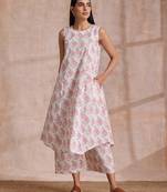 Pink Green Buta On White Block Print Cotton High-Low Co-Ord Set