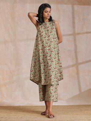 Beige Overall Brown Floral Block Print Cotton High-Low Co-Ord Set 1