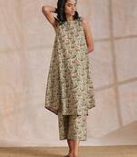 Beige Overall Brown Floral Block Print Cotton High-Low Co-Ord Set
