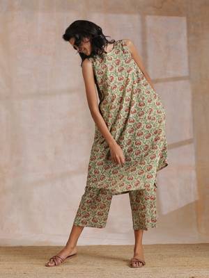 Beige Overall Brown Floral Block Print Cotton High-Low Co-Ord Set 2