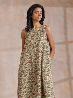 Beige Overall Brown Floral Block Print Cotton High-Low Co-Ord Set 4