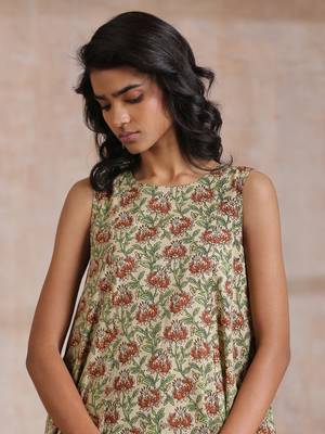 Beige Overall Brown Floral Block Print Cotton High-Low Co-Ord Set 5