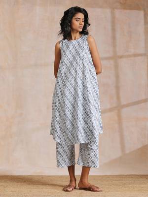 Multi Grey On Grey Ikat Print Cotton High-Low Co-Ord Set 1
