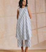 Multi Grey On Grey Ikat Print Cotton High-Low Co-Ord Set