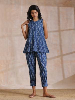 Indigo Dabu Zig-Zag Motifs Print Cotton Sleeveless Co-Ord Set 1