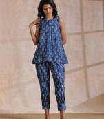 Indigo Dabu Zig-Zag Motifs Print Cotton Sleeveless Co-Ord Set