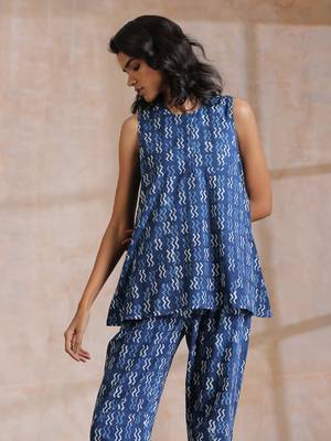 Indigo Dabu Zig-Zag Motifs Print Cotton Sleeveless Co-Ord Set 4