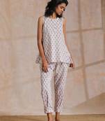 White With Grey Buta Block Print Cotton Sleeveless Co-Ord Set