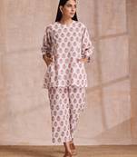 Pink Brown Buta On White Block Print Cotton Baggy Sleeve Co-Ord Set