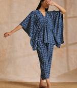 Indigo Dabu Floral Print Cotton Kaftan Co-Ord Set