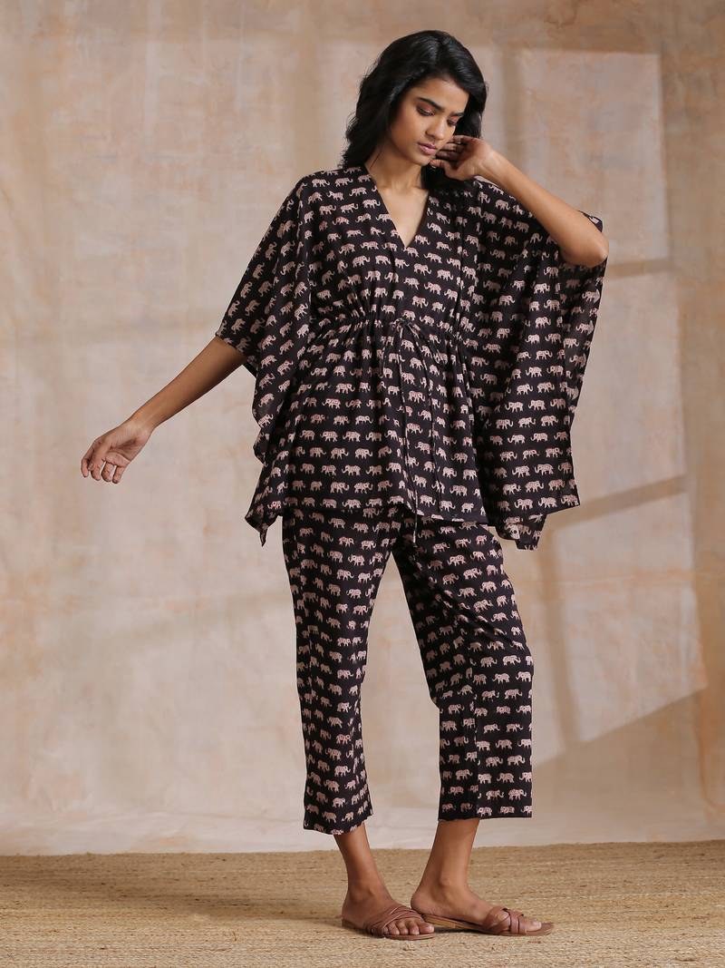 Black Elephant Bagru Print Cotton Kaftan Co-Ord Set