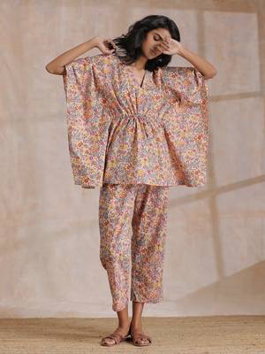 Multicolor Beige Overall Floral Block Print Cotton Kaftan Co-Ord Set 1