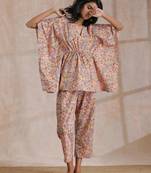 Multicolor Beige Overall Floral Block Print Cotton Kaftan Co-Ord Set