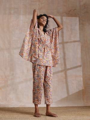 Multicolor Beige Overall Floral Block Print Cotton Kaftan Co-Ord Set 2